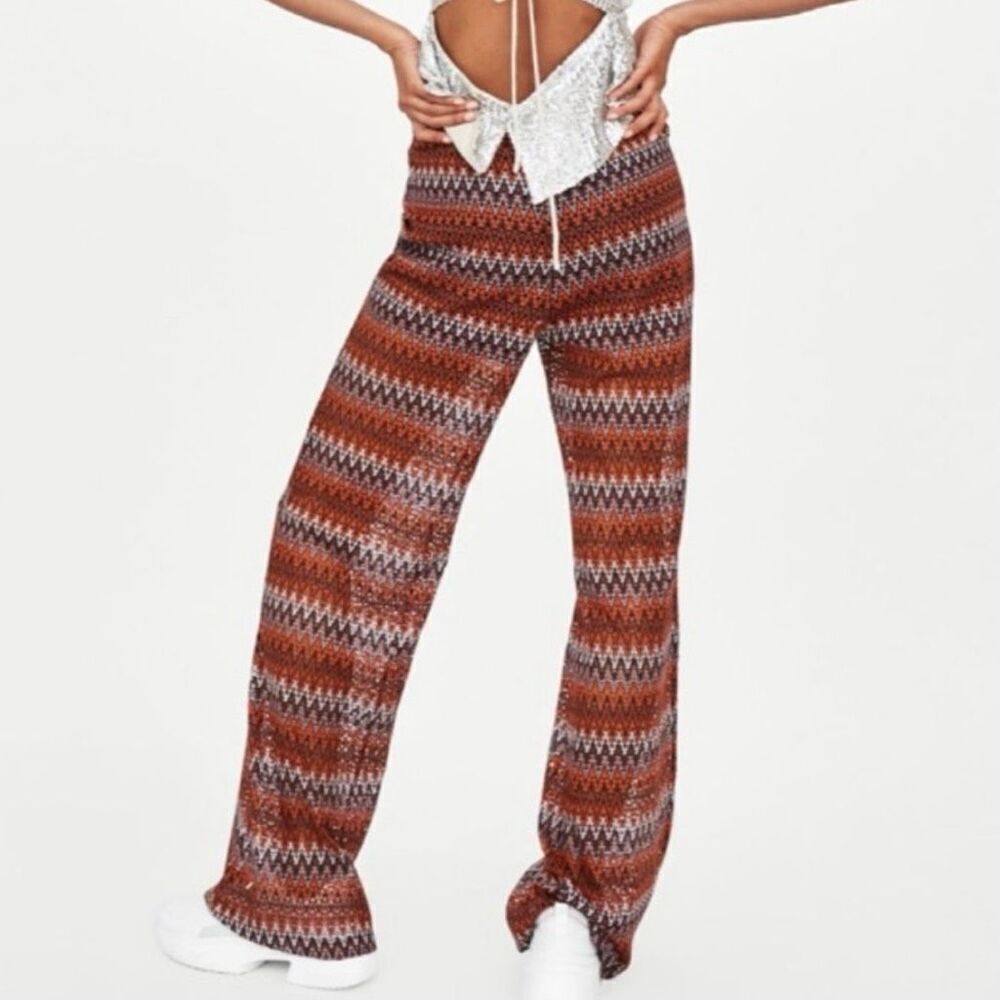 ZARA Trafaluc Zig Zag Chevron Open Knit Wide Leg Pants - Small